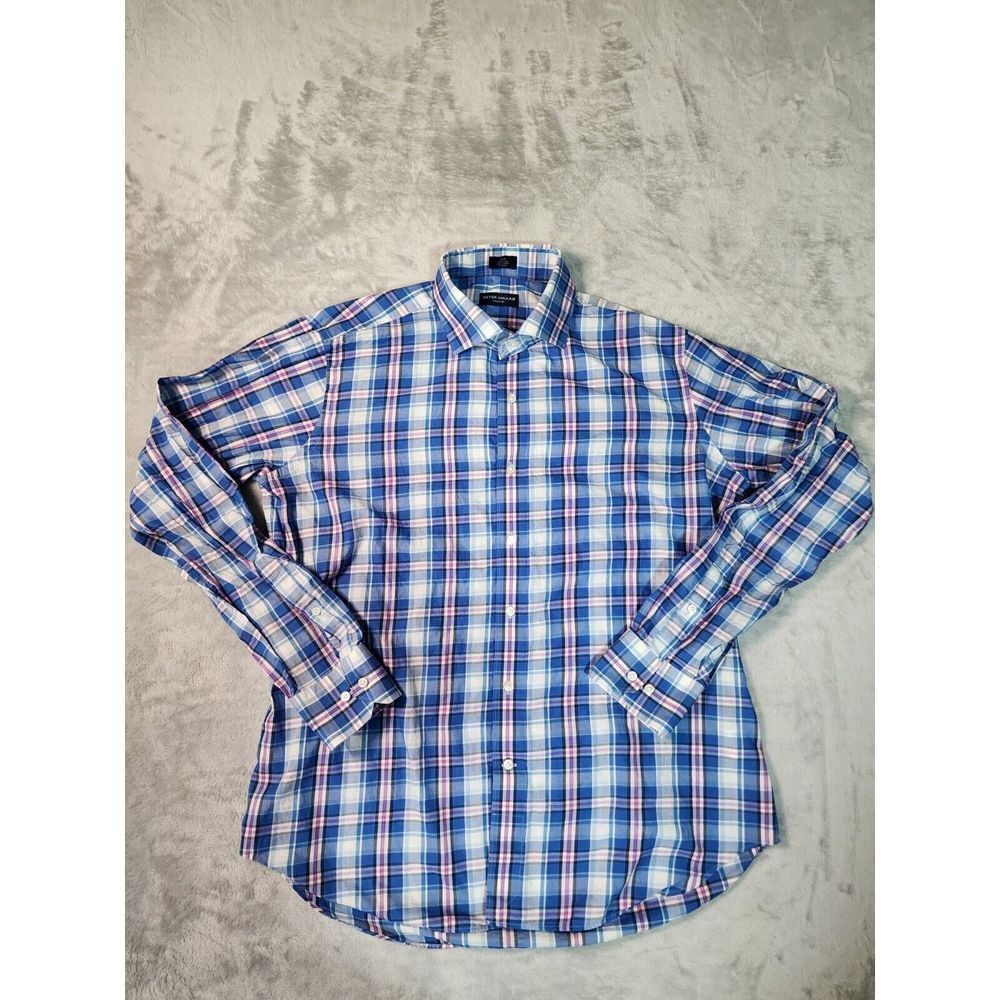 Peter Millar Shirt Mens Large Blue‎ Button Up Plaid Long Sleeve Easter
